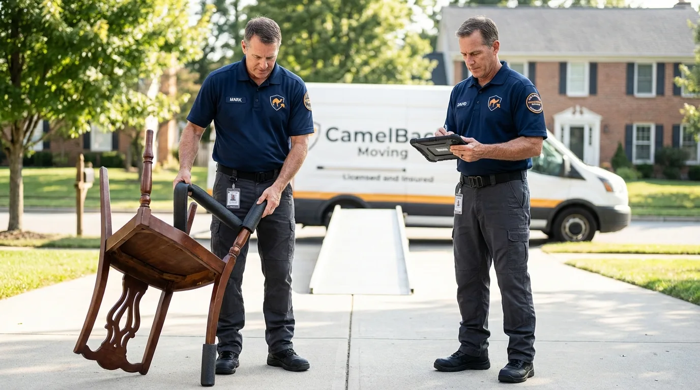 Movers inspecting furniture for damage prevention before loading in Cushing, ME