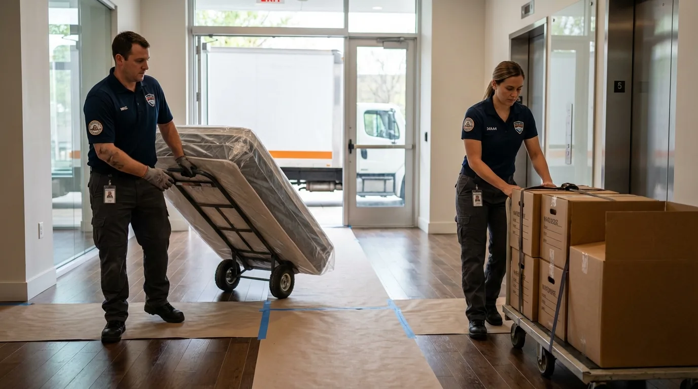 Professional apartment movers loading elevator in Cushing, ME