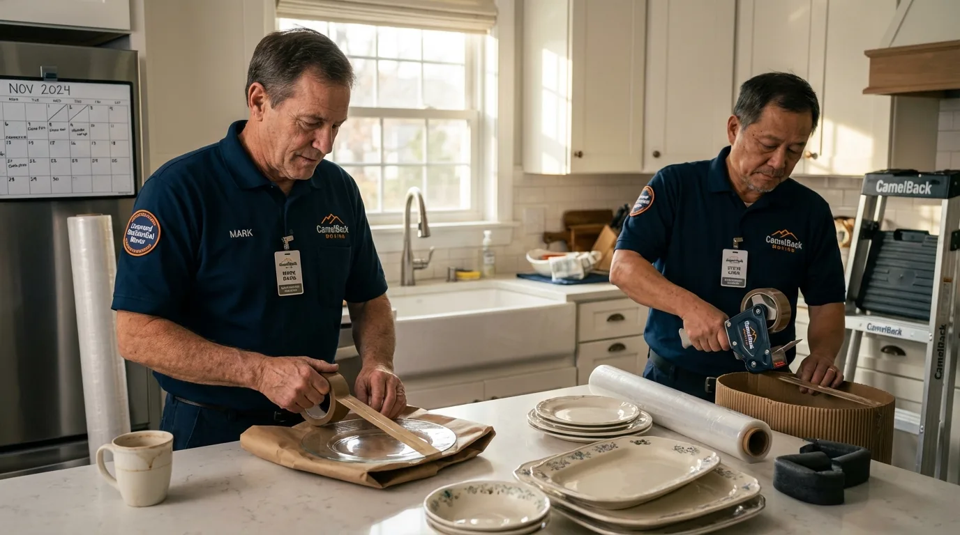 Professional crew packing kitchen dishware in Cushing, ME